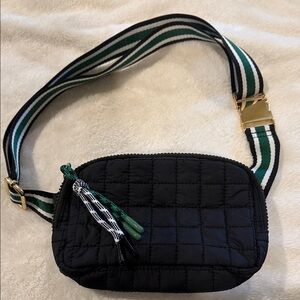 Shiraleah Black Quilted Crossbody with Green and White Strap